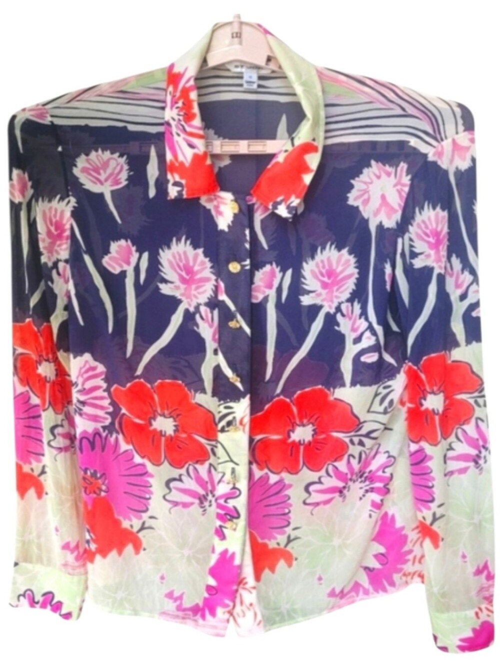 St. John Poppy Floral Silk Blend Sheer Button Up Size 10